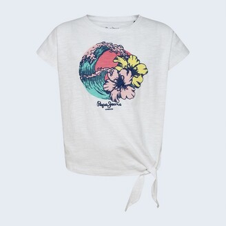 Pepe Jeans Tie-Hem T-Shirt in Cotton Mix and Tropical Print, 8-16 Years