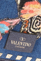 Thumbnail for your product : Valentino The Rockstud Leather-trimmed Embroidered Denim Shoulder Bag - Mid denim