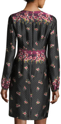 Nanette Lepore Dotted Satin Floral Border-Print Long-Sleeve Day Dress