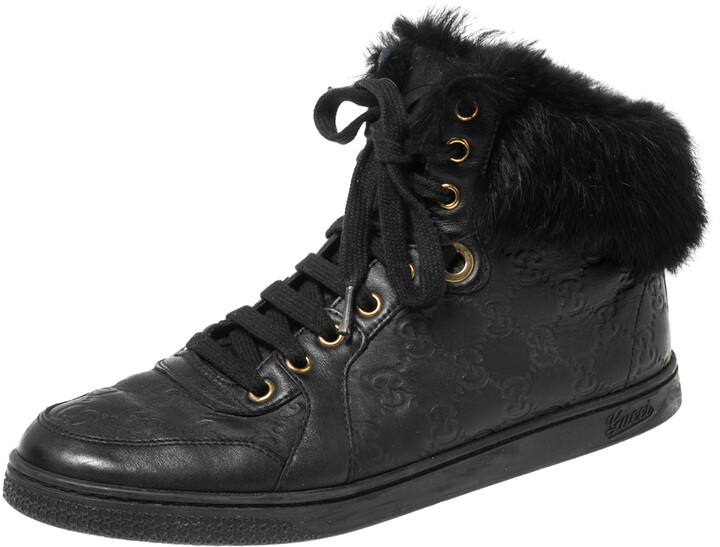 Gucci Black Guccissima Leather Cada Fur Trim High Top Sneakers Size 38.5  ShopStyle