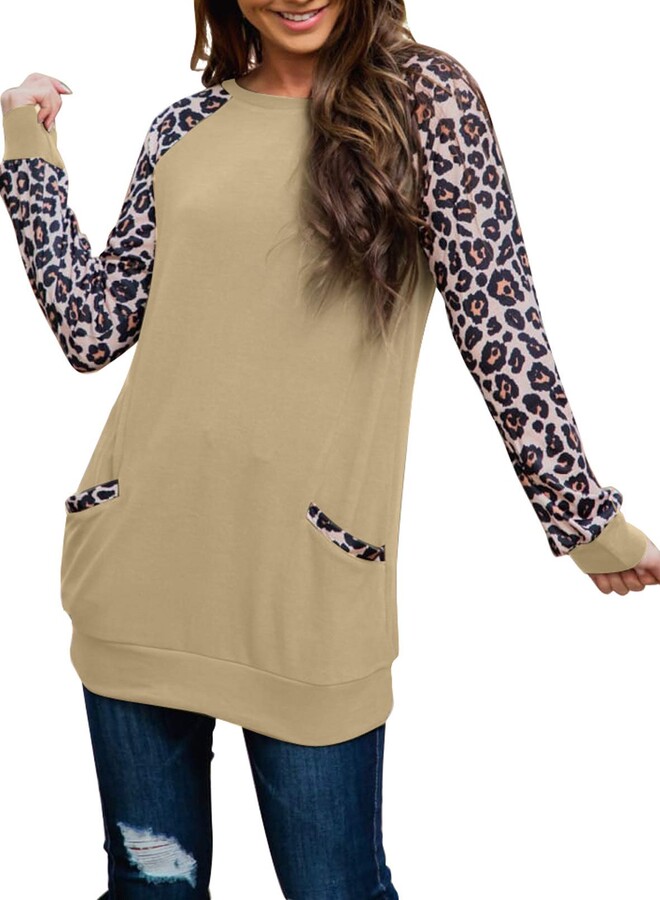 Diukia Women's Plus Size Loose Leopard Print Pullover Sweatshirt Color  Block Pullover Shirt Casual Crewneck Long Sleeve Pocket Sweatshirts Raglan  Sleeve Tunic Tops for Fall Winter Spring Apricot 2XL - ShopStyle