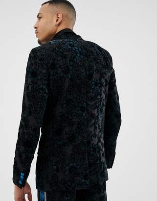 ASOS Edition EDITION Tall slim tuxedo jacket in teal burnout velvet