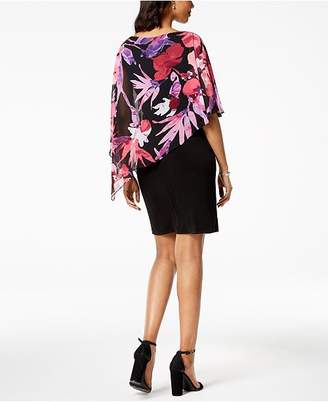 Connected Floral-Print Cape-Overlay Dress