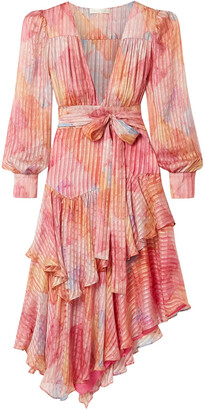 LoveShackFancy Meridian Ruffled Printed Silk-satin Jacquard Midi Dress