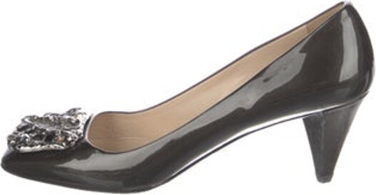 Prada Patent Leather Pumps Grey & Metallic Pointed-Toes with Crystal Embellishments Designer