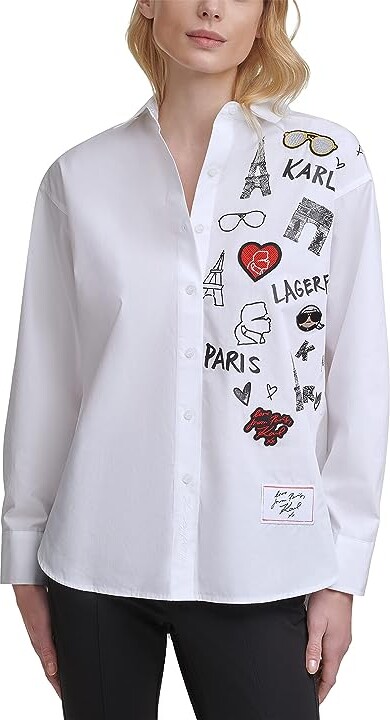 Karl Lagerfeld Paris White Shirt Scenic Logo (Soft White) Women's Clothing  - ShopStyle Tops