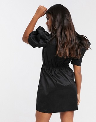 Girl In Mind sateen puff-sleeved mini shift dress in black