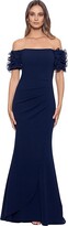 Thumbnail for your product : Xscape Evenings Long Scuba Crepe Off-the-Shoulder Wire Flower (Navy) Women's Clothing