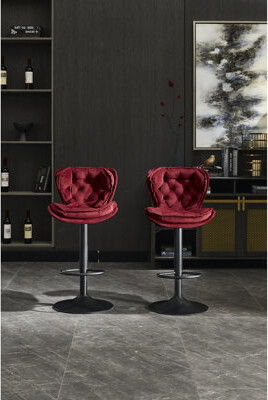 Mercer41 Of 2 Red Bar Chairs, Height Adjustable Mechanism, Velvet Seat Cover, Foam Filled Padding, 360° Swivel Base, Strong Metal Frame, Non-slip Bottom, For K