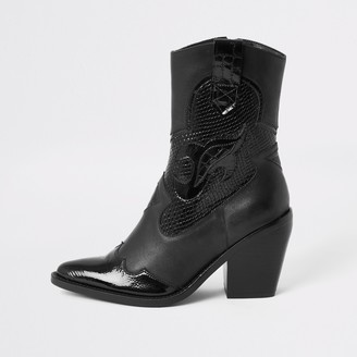 River Island Womens Black leather cutout cowboy ankle boots