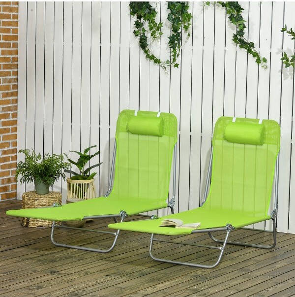 TiramisuBest2PcsFoldingChaiseLoungeChairSetOutdoorRecliningPoolChairswith6-PositionBack&HeadrestGreen