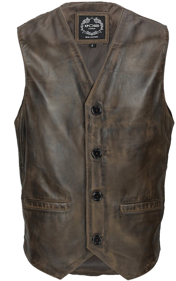 New Mens 100% Real Leather Waistcoat Vintage Biker Retro Vest in Washed Brown 