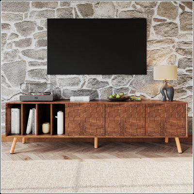 70" Mid-Century Modern TV Stand, Media Console Table for TVs up to 80'', Entertainment Center with 5 Solid Wood Legs for Living Room, Bedroom