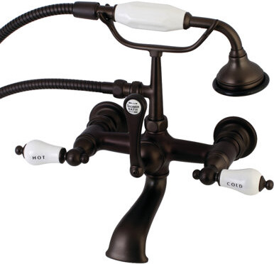 Kingston Brass Aqua Vintage Three-Handle 2-Hole Tub Wall Mount Clawfoot Tub Faucet with Hand Shower