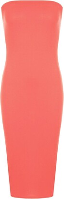 janisramone Womens Ladies New Plain Boob Tube Stretch Bandeau Strapless Summer Pencil Bodycon Midi Dress Neon Orange