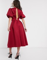 ASOS DESIGN bubble sleeve twist detail midi prom dress in deep red -  ShopStyle