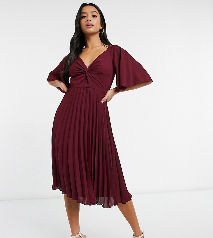 ASOS DESIGN Petite twist front flutter sleeve midi dress with pleated ...