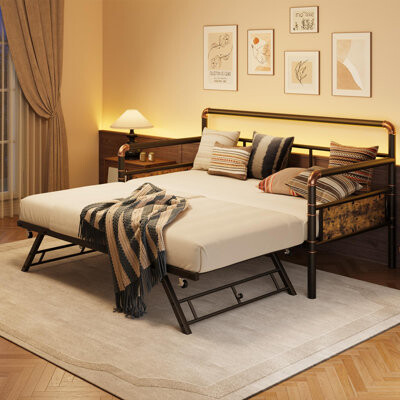 Folding Metal Rollaway Bed with Locking Wheels, Classic Brown Portable Guest Bed Frame, Heavy Duty 400lbs Capacity, 73"x38" Compact Cot for Home & Pat