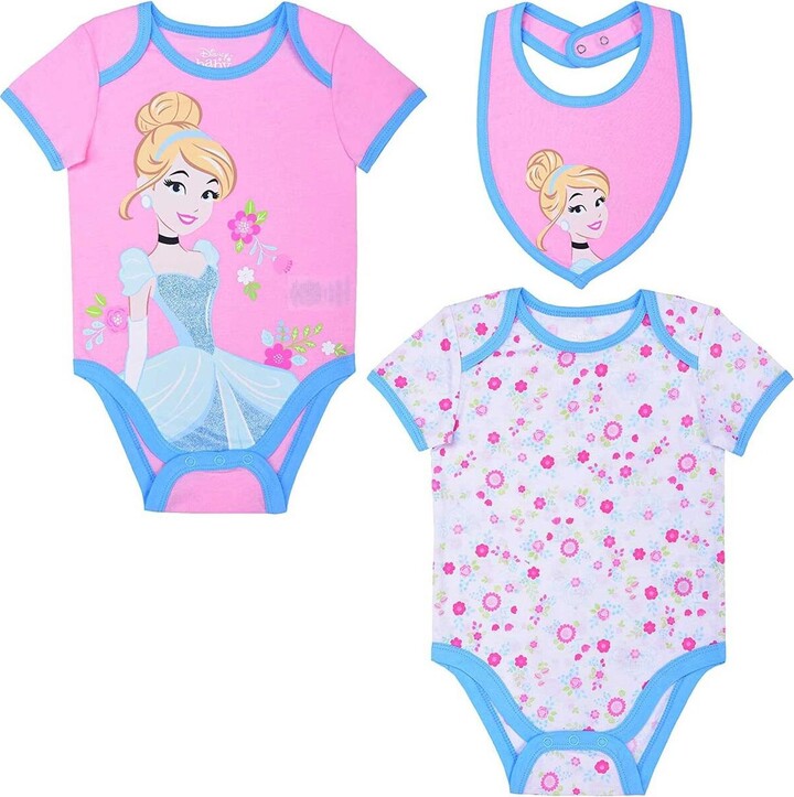 Children's Apparel Network Baby Boys and Girls Pink, White Cinderella 3-Piece Bodysuit and Bib Set - Pink, White