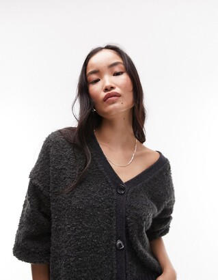 Topshop knitted boucle contrast rib cardigan in charcoal