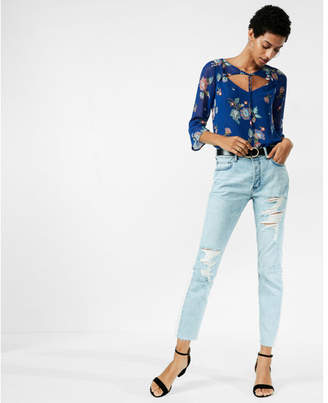 Express floral cut-out tie neck three-quarter sleeve blouse