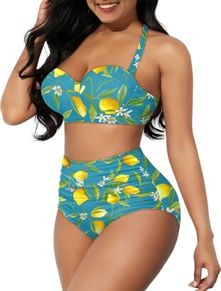 Xoenoiee Lemon Blue Pattern Womens Two Pieces Swimsuits Wrap Halter Bikini  Top High Waisted Bottom Tummy Control Bathing Suits Novelty Print Swimwear  - ShopStyle