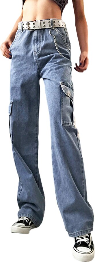 Cutemini Womens High Waisted Wide Leg Denim Jeans Relaxed Fit Cargo ...