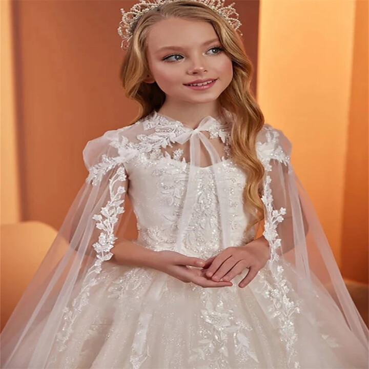 gdybao Cape Fluffy Shiny Flower Girl Dress Sleeveless For Wedding Lace Tulle with Elegant Princess First Communion Birthday Gowns