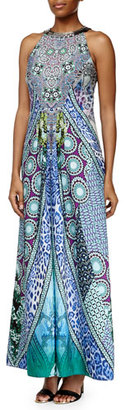 Ranna Gill Sleeveless Beaded-Neck Geometric-Print Maxi Dress