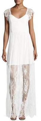 Parker Black Erika Cap-Sleeve Floral Lace Column Gown, White