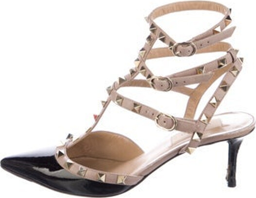 Valentino Patent Leather T-Strap Pumps Black Colorblock Pattern Rockstud Accents Leather Trim Pointed-Toes with Studded Accents Multistrap & Buckle Closure at Ankles Designer