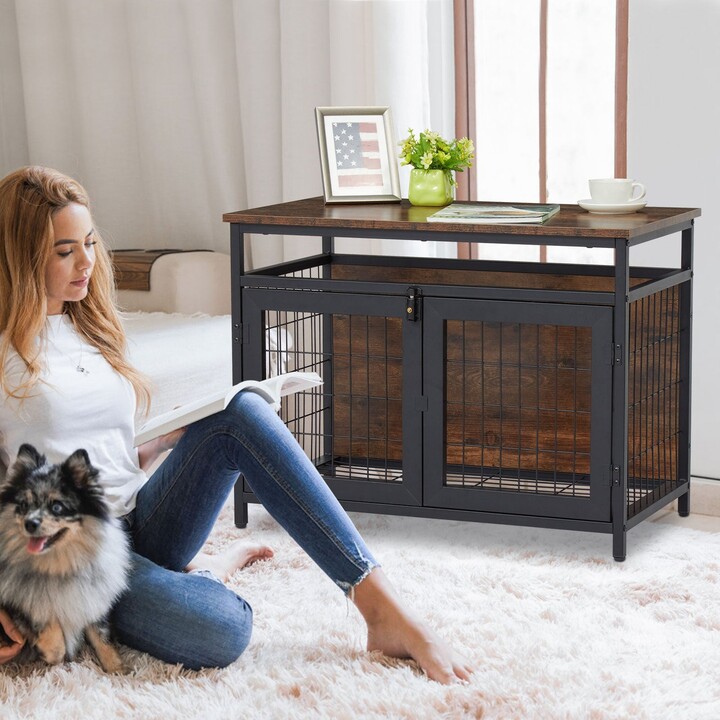 Kinbor Dog Crate Furniture with Double Doors, Wooden Dog Crate, Indoor