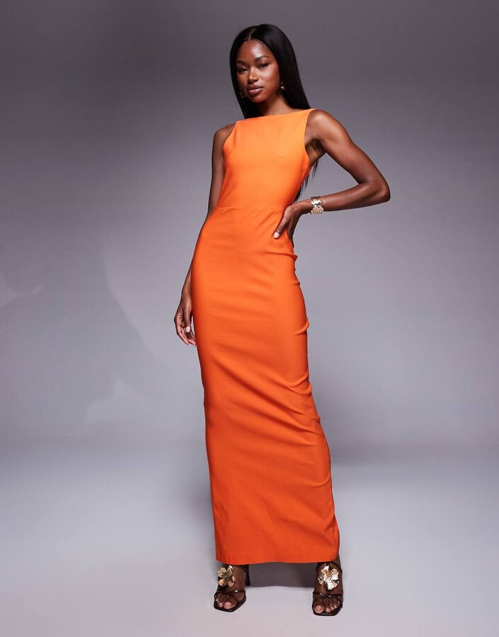 Vesper bengaline high neck open back maxi dress in orange