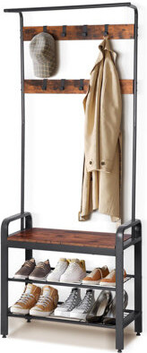 Coat Rack, Hallway Tree With Shoe Bench, Industrial Style, With 9 Removable Hooks, A Hanging Rod And Wall Shelf