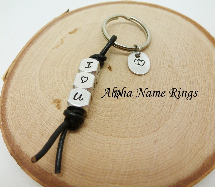 I Love You - Custom Hand Stamped Cube Letters Aluminum Keychain