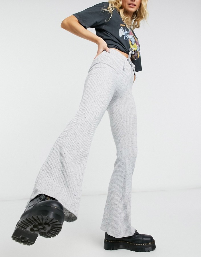 Topshop tie ribbed flared pants in gray heather - ShopStyle
