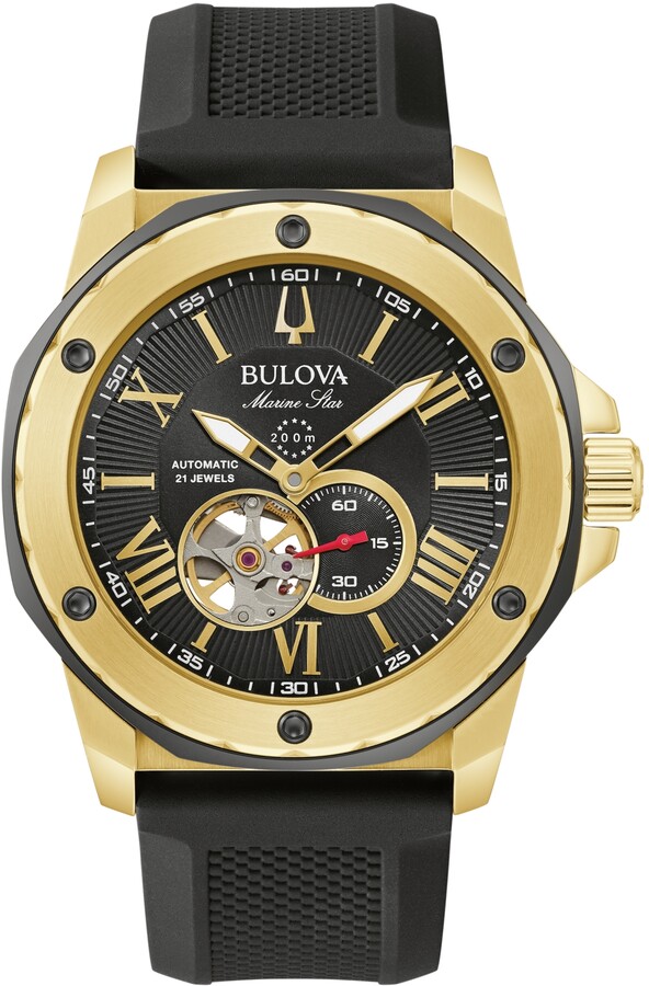 Bulova Men's Automatic Marine Star Black Silicone Strap Watch 45mm