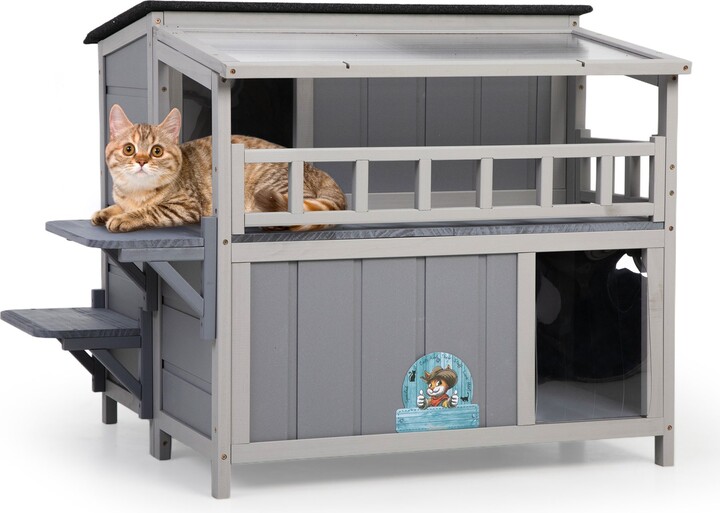 coziwow Outdoor Weatherproof Feral Kitty Shelter Cat House, Grey