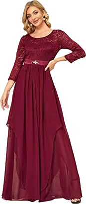 Ever-Pretty Women's Elegant 3/4 Sleeve Classic Round Neck Floor Length A Line Empire Formal Evening Dresses Burgundy 8UK