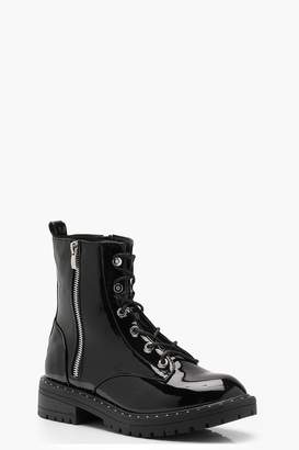 boohoo Patent Lace Up Hiker Boots