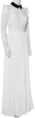 Self-Portrait White Lace & Pleated Chiffon Paneled Contrast Trim Maxi Dress S