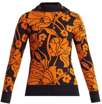 Joostricot - Floral Intarsia Cotton Blend Hooded Sweater - Womens - Orange Multi