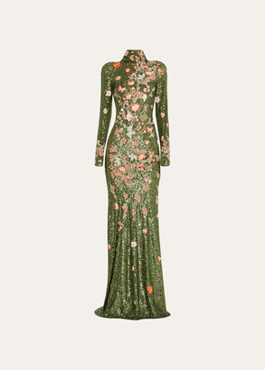 Naeem Khan Floral-Embroidered Sequin High-Neck Gown