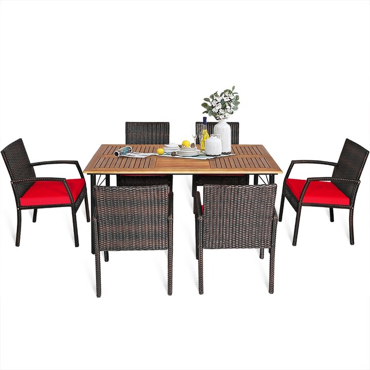 Tangkula 7 Piece Patio Dining Furniture Set Acacia Wood and Wicker