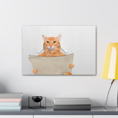 Funny Cat Reading Newspaper On Toilet Funny Canvas Wall Art