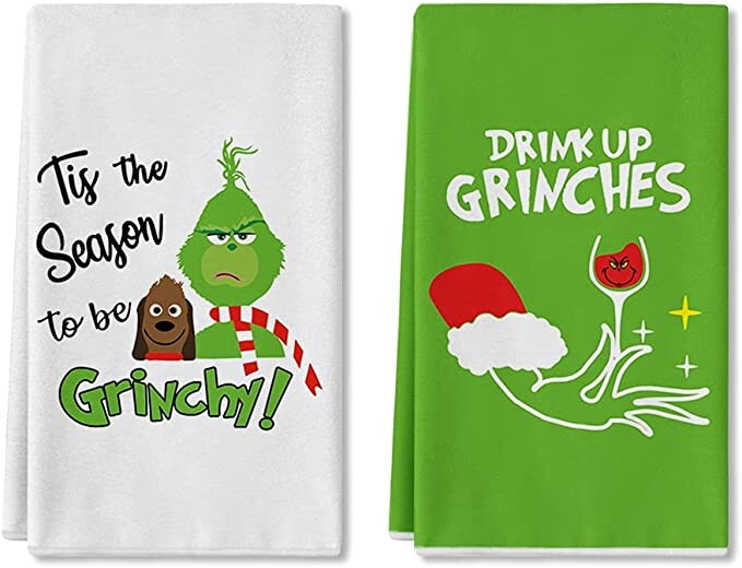 Artoid Mode Tis The Season to Be Grinchy Drink Up Grinches Kitchen Towels and Dish Towels, 18 x 28 Inch Christmas Winter Xmas Ultra Absorbent Drying Cloth Tea Towels for Cooking Baking Set of 2