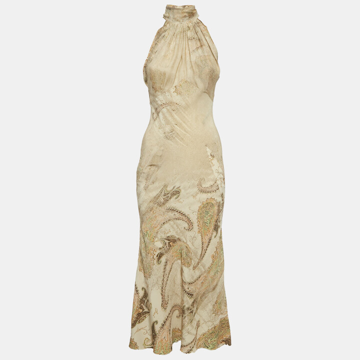 Roberto Cavalli Beige Paisley Print Silk Neck Tie Detail Dress XS