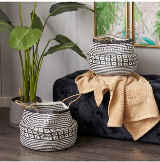 GINGER BIRCH STUDIO Black Wood Handmade Patterned Storage Basket with Handles - Set of 2