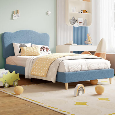 Twin XL Kids Upholstered Bed with Scallop Headboard, Low Profile, Light Blue