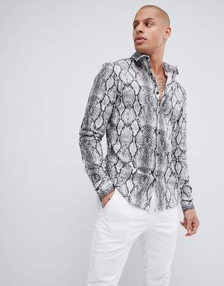 ASOS DESIGN stretch slim snakeskin printed shirt in gray